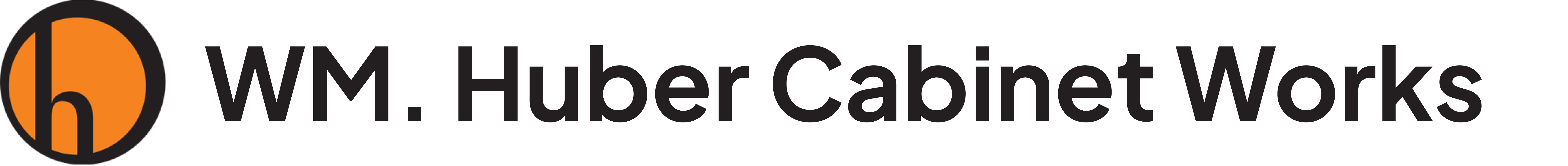 WM Huber Cabinet Works logo featuring a bold orange and black circular emblem with modern typography on a transparent background.